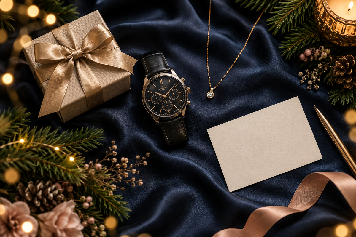 Holiday gift flat lay on navy silk with a watch, necklace, wrapped present, note card and evergreen accents