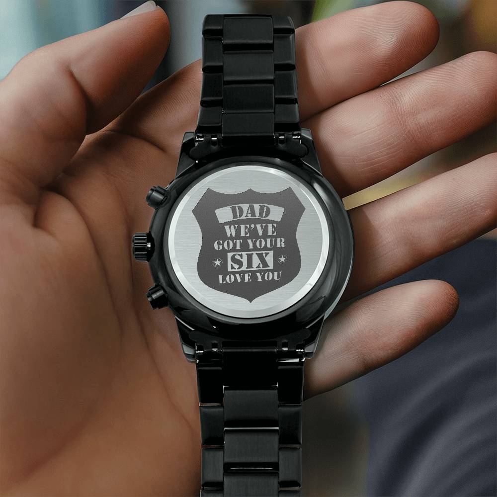 Men's Engraved Watch, We've Got Your Six, Charcoal Black, Gift Watch