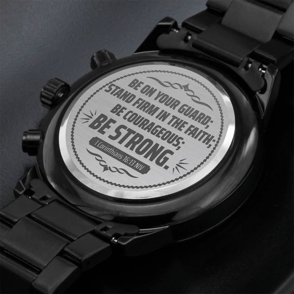 Men's Engraved Chronograph Watch – 'Be on Your Guard' 1 Corinthians 16:13 Scripture, Stainless Steel Faith Gift