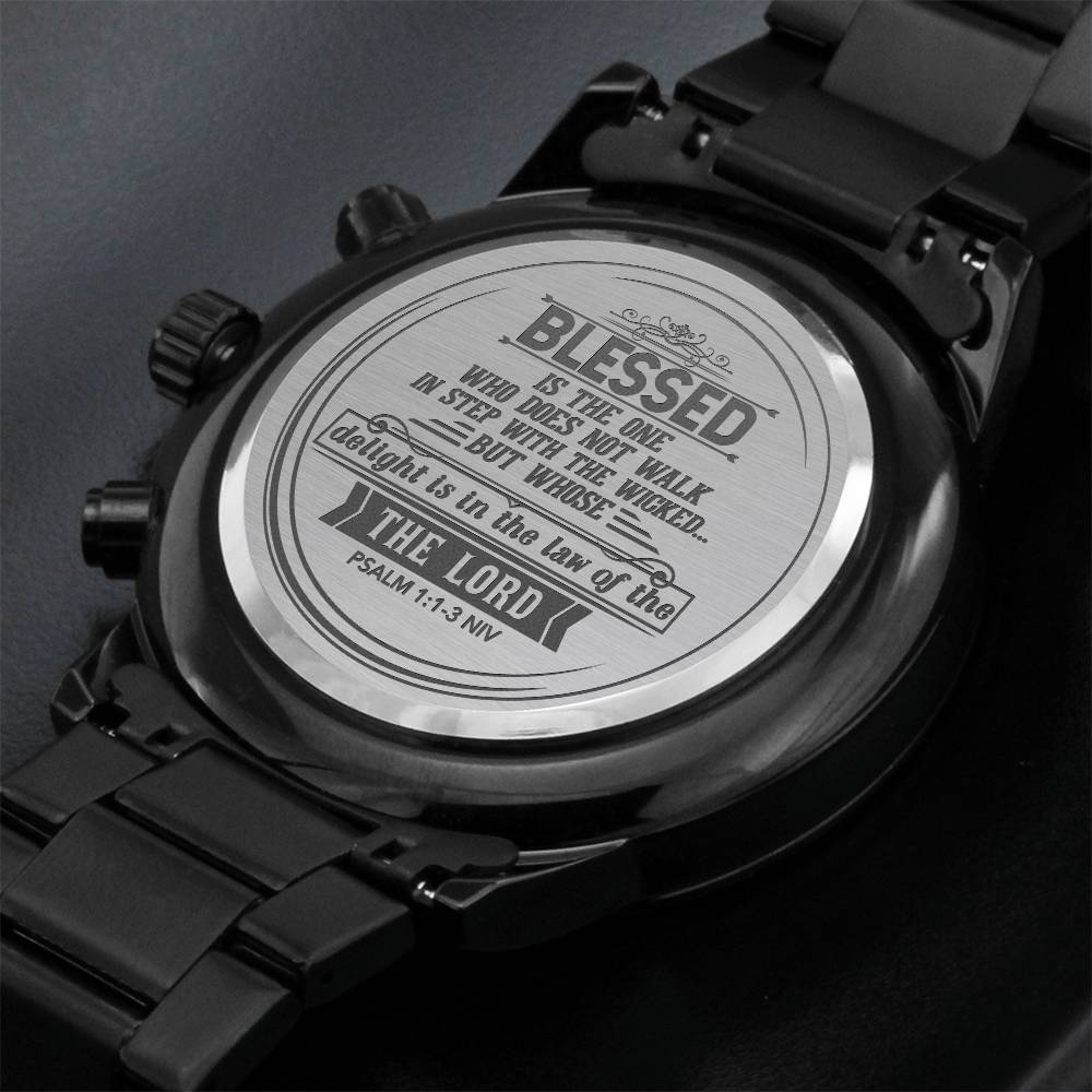 Men's Engraved Chronograph Watch – 'Blessed is the One' Psalm 1:1-3 Scripture, Stainless Steel Christian Gift
