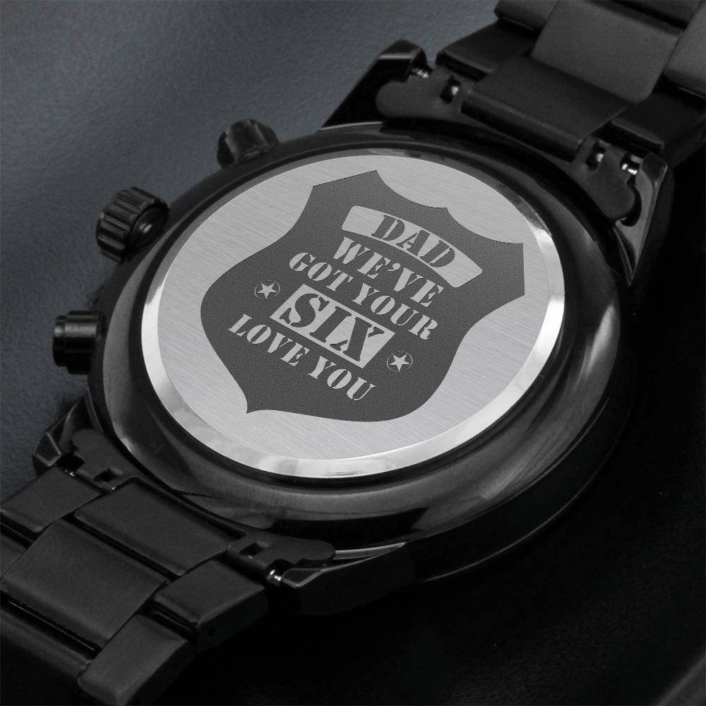 Men's Engraved Watch, We've Got Your Six, Charcoal Black, Gift Watch