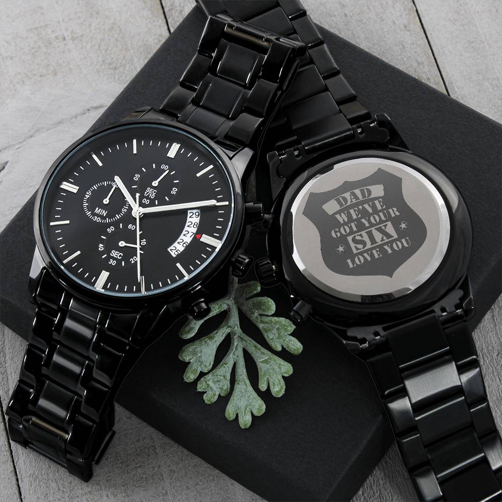 Men's Engraved Watch, We've Got Your Six, Charcoal Black, Gift Watch