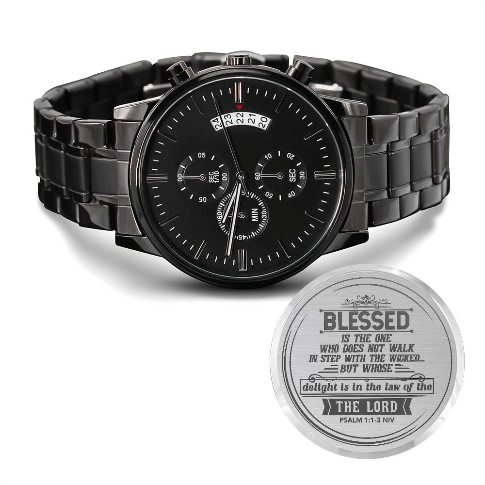Men's Engraved Chronograph Watch – 'Blessed is the One' Psalm 1:1-3 Scripture, Stainless Steel Christian Gift