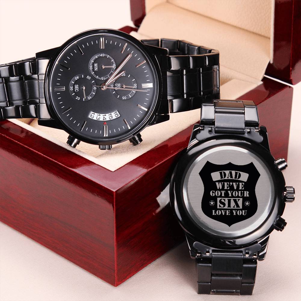 Men's Engraved Watch, We've Got Your Six, Charcoal Black, Gift Watch
