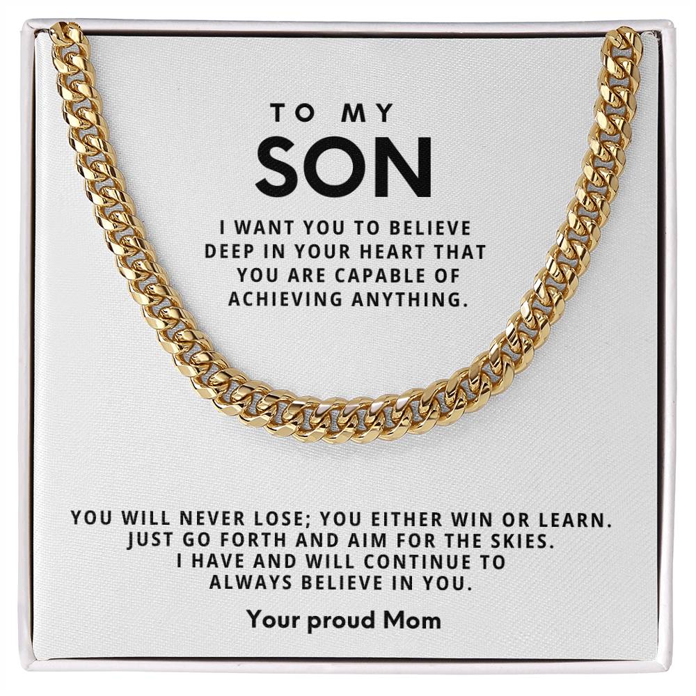 Men's Cuban Link Chain Necklace for Son – 5mm Stainless Steel or 18K Yellow Gold, 'Win or Learn' Inspirational Gift