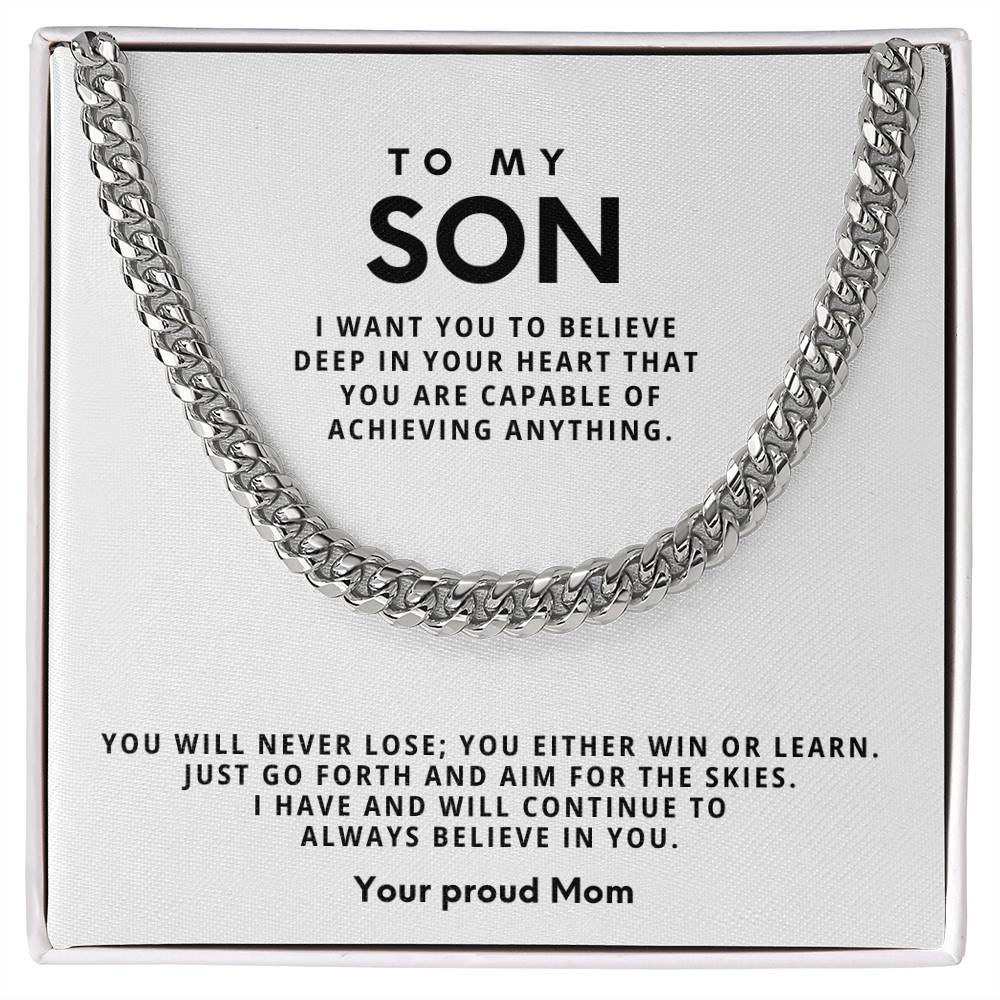 Men's Cuban Link Chain Necklace for Son – 5mm Stainless Steel or 18K Yellow Gold, 'Win or Learn' Inspirational Gift