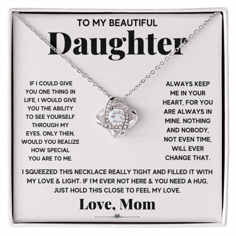 Love Knot Necklace for Daughter – 'Hold This Close' CZ Pendant, 14K White or 18K Yellow Gold Gift