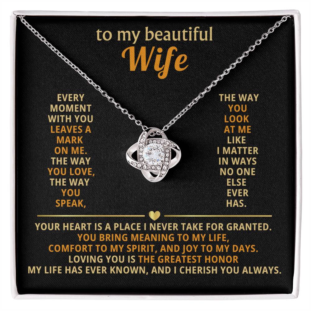 Love Knot Necklace for Wife – 'Every Moment Leaves a Mark' CZ Pendant, 14K White or 18K Yellow Gold Anniversary Gift