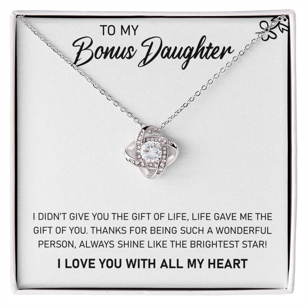 Love Knot Necklace for Bonus Daughter – 'Always Shine' CZ Pendant, 14K White or 18K Yellow Gold Stepdaughter Gift