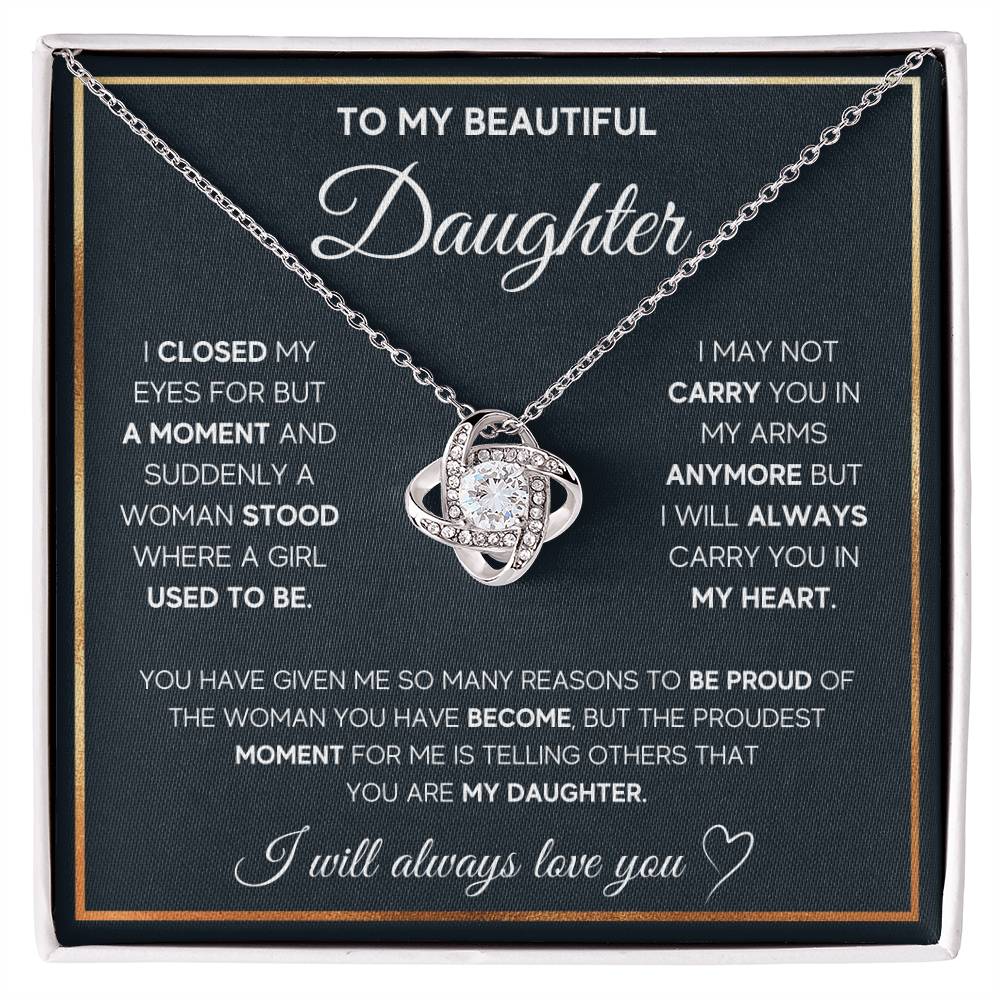 Love Knot Necklace for Daughter – 'Always Carry You in My Heart' CZ Pendant, 14K White or 18K Yellow Gold Keepsake Gift