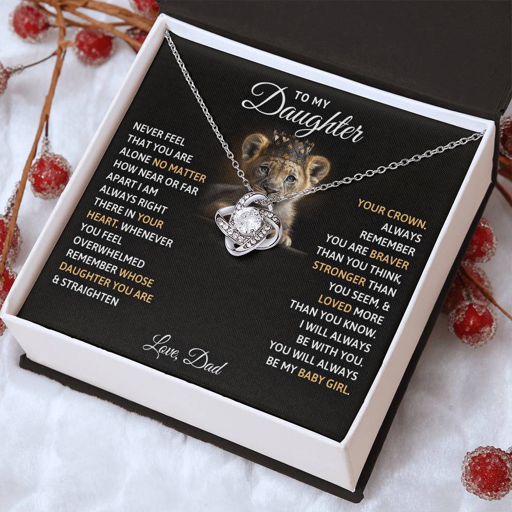 Love Knot Necklace for Daughter – 'Always My Baby Girl' CZ Pendant, 14K White or 18K Yellow Gold Keepsake Gift
