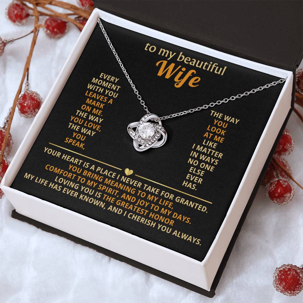 Love Knot Necklace for Wife – 'Every Moment Leaves a Mark' CZ Pendant, 14K White or 18K Yellow Gold Anniversary Gift