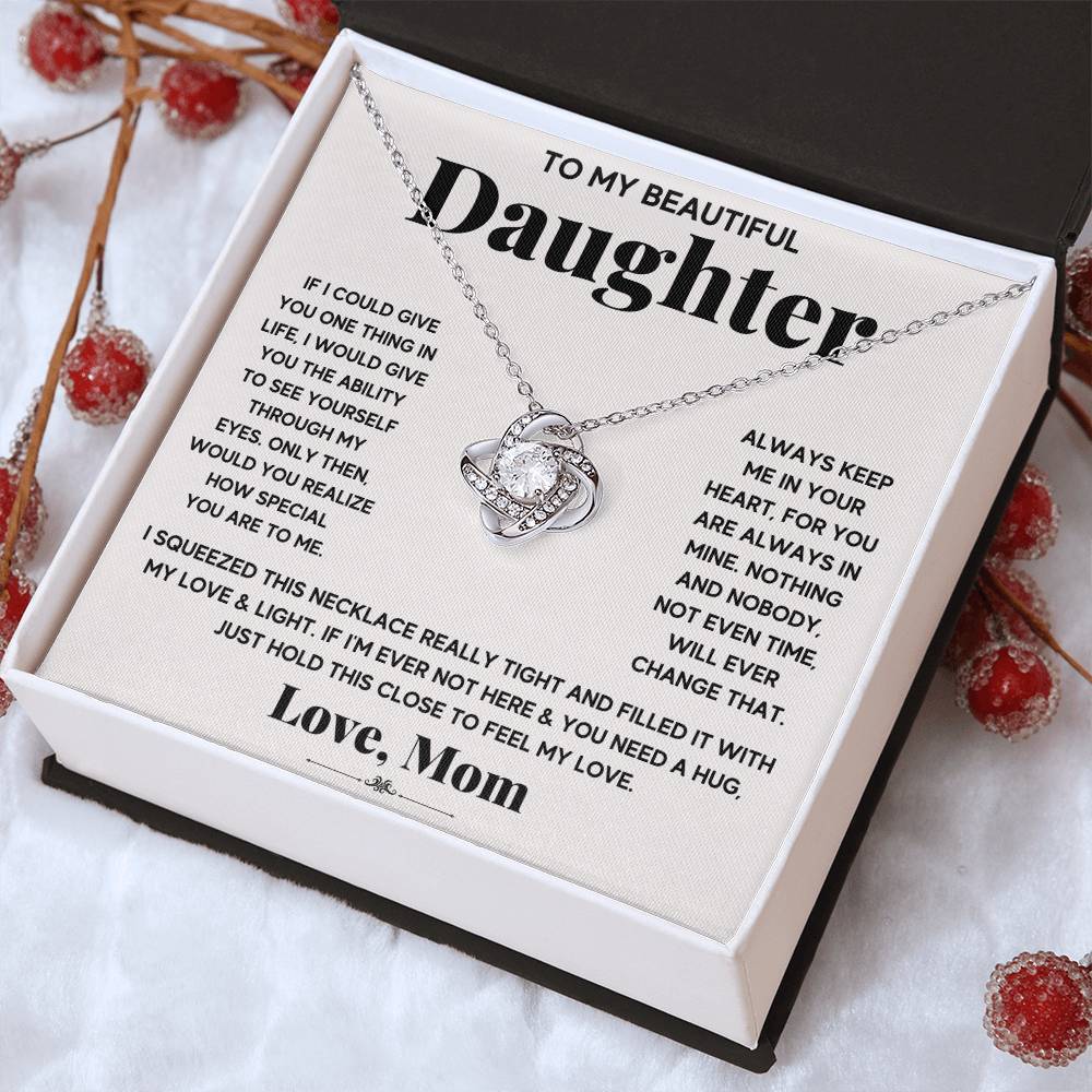 Love Knot Necklace for Daughter – 'Hold This Close' CZ Pendant, 14K White or 18K Yellow Gold Gift