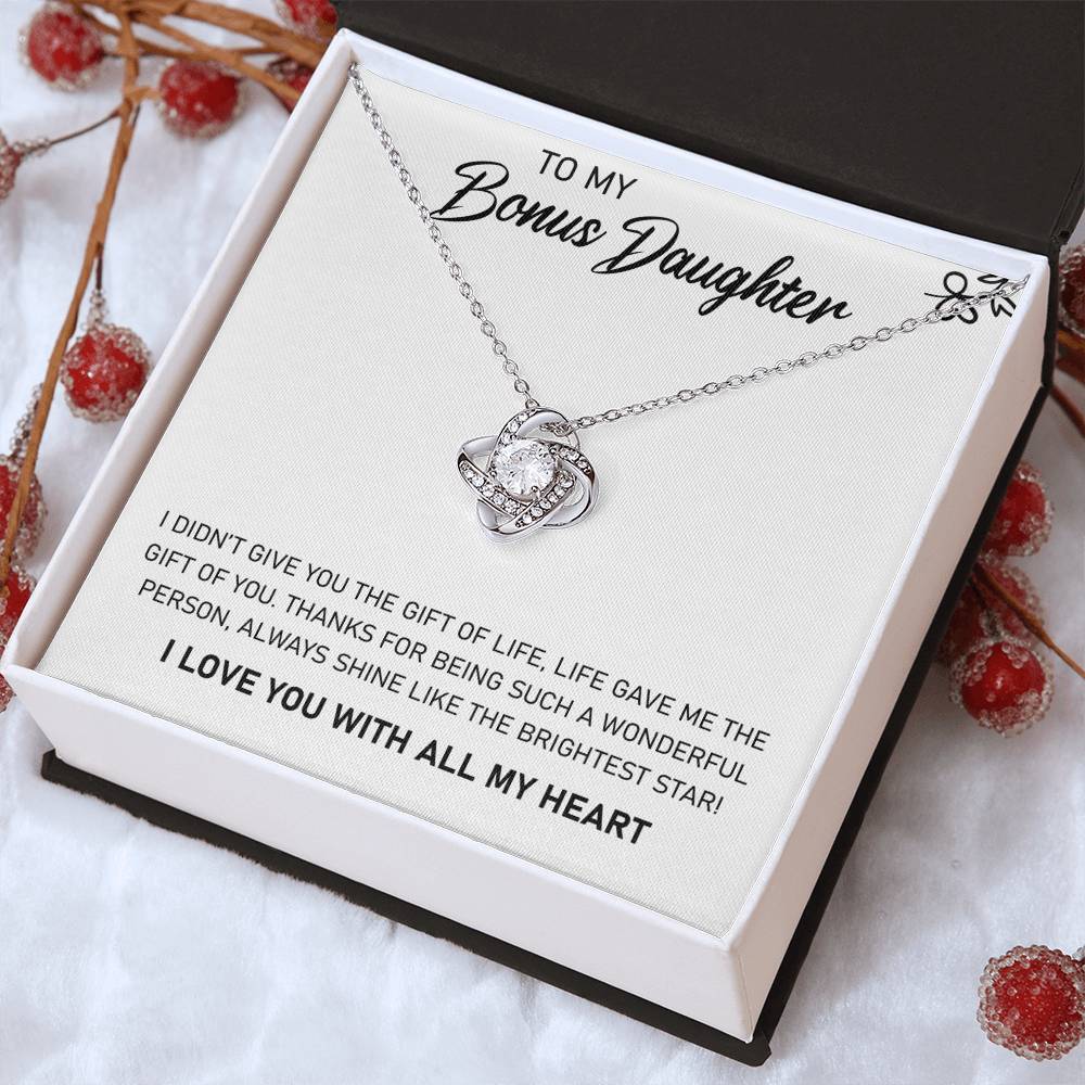 Love Knot Necklace for Bonus Daughter – 'Always Shine' CZ Pendant, 14K White or 18K Yellow Gold Stepdaughter Gift