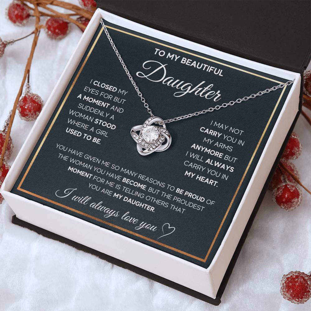 Love Knot Necklace for Daughter – 'Always Carry You in My Heart' CZ Pendant, 14K White or 18K Yellow Gold Keepsake Gift