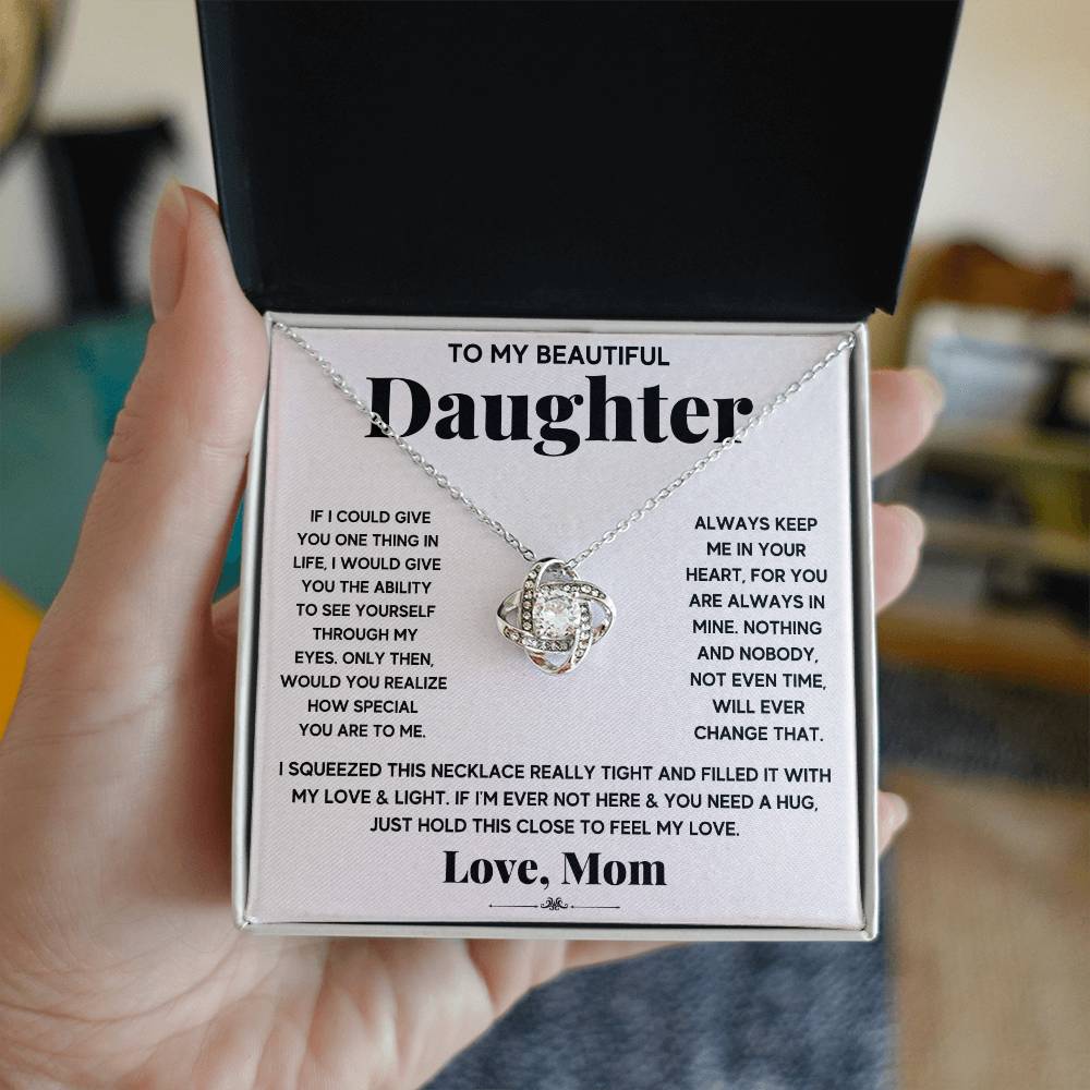 Love Knot Necklace for Daughter – 'Hold This Close' CZ Pendant, 14K White or 18K Yellow Gold Gift
