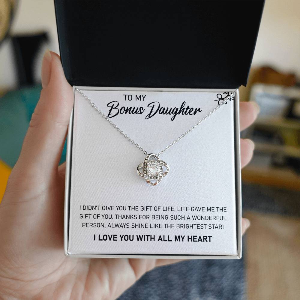 Love Knot Necklace for Bonus Daughter – 'Always Shine' CZ Pendant, 14K White or 18K Yellow Gold Stepdaughter Gift