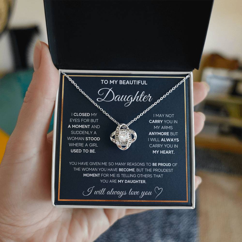 Love Knot Necklace for Daughter – 'Always Carry You in My Heart' CZ Pendant, 14K White or 18K Yellow Gold Keepsake Gift