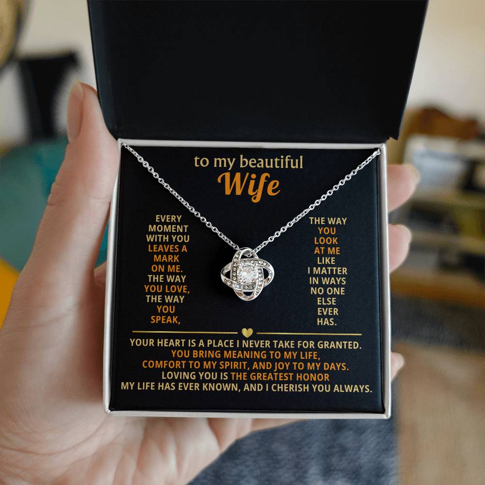 Love Knot Necklace for Wife – 'Every Moment Leaves a Mark' CZ Pendant, 14K White or 18K Yellow Gold Anniversary Gift