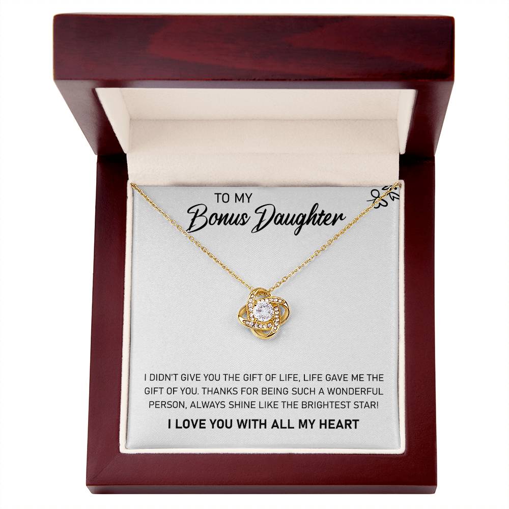 Love Knot Necklace for Bonus Daughter – 'Always Shine' CZ Pendant, 14K White or 18K Yellow Gold Stepdaughter Gift