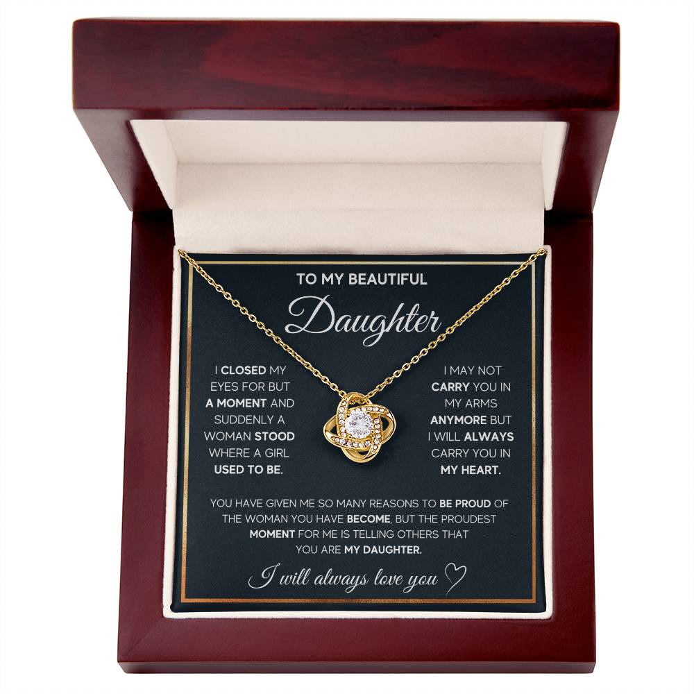 Love Knot Necklace for Daughter – 'Always Carry You in My Heart' CZ Pendant, 14K White or 18K Yellow Gold Keepsake Gift