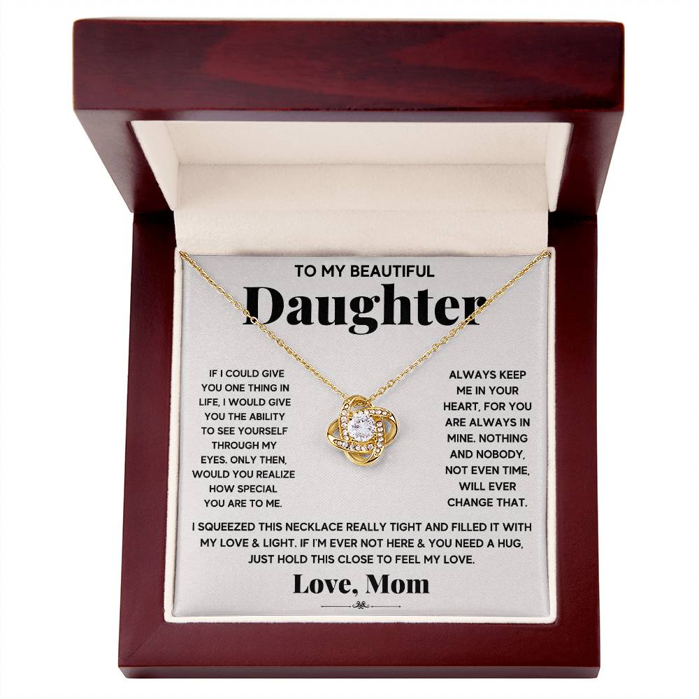 Love Knot Necklace for Daughter – 'Hold This Close' CZ Pendant, 14K White or 18K Yellow Gold Gift