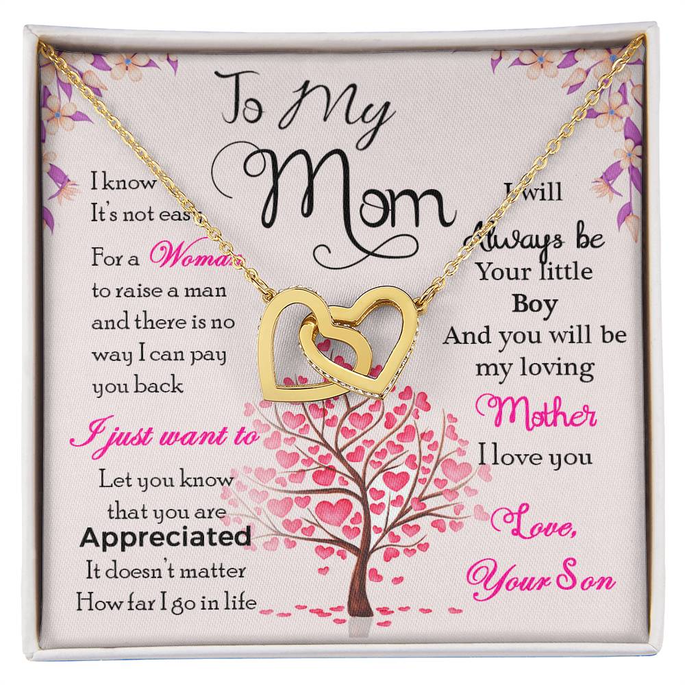 Interlocking Heart Necklace for Mom – 'I Know It's Not Easy' CZ Crystal Pendant, Rose Gold or Yellow Gold Appreciation Gift