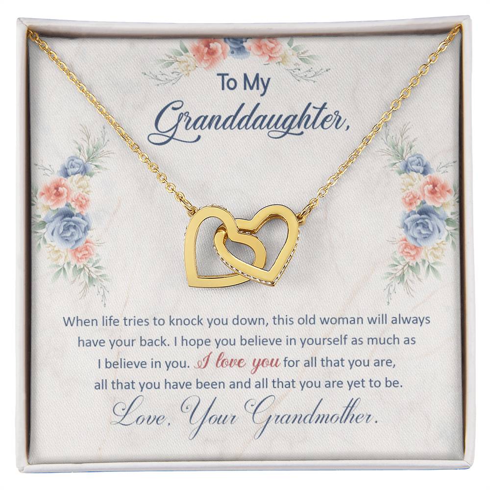 Interlocking Heart Necklace for Granddaughter from Grandma – 'Always Have Your Back' CZ Pendant, Rose Gold or Yellow Gold Gift