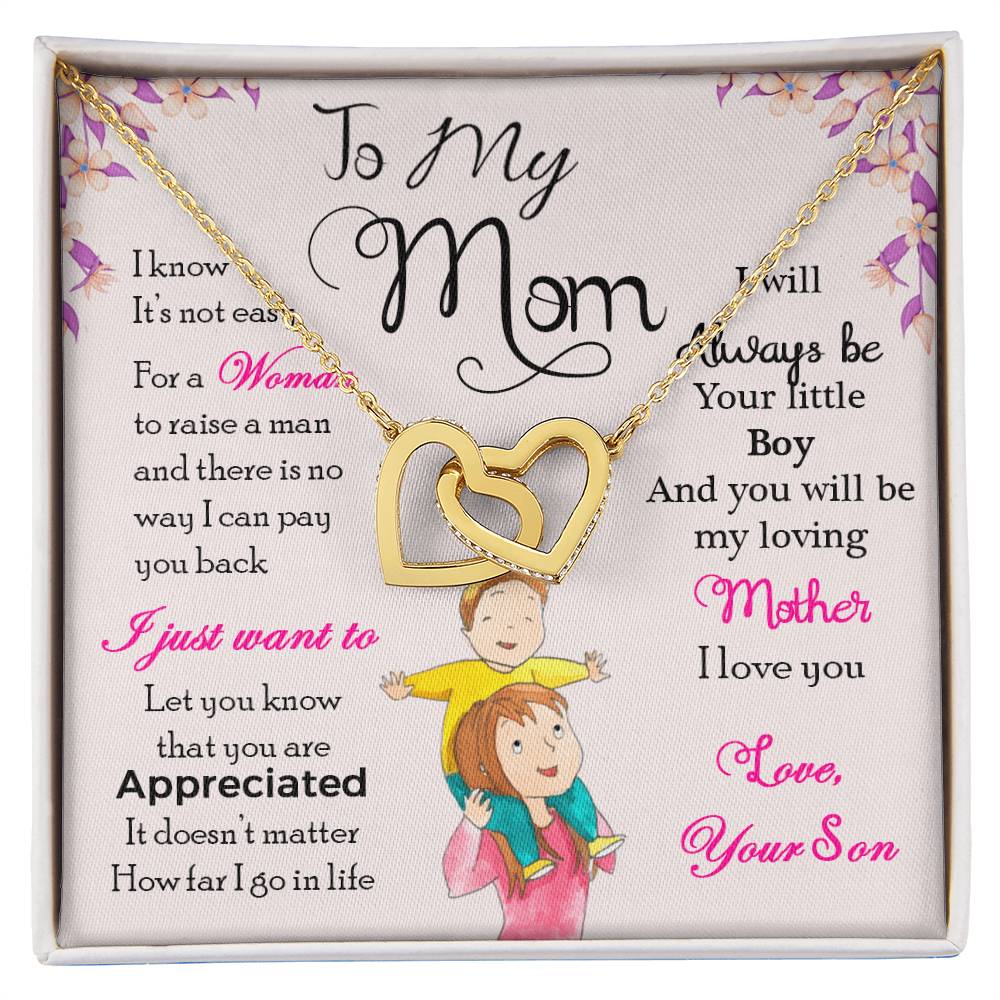 Interlocking Heart Necklace for Mom from Son – 'Always Your Little Boy' CZ Pendant, Rose Gold or Yellow Gold Gift