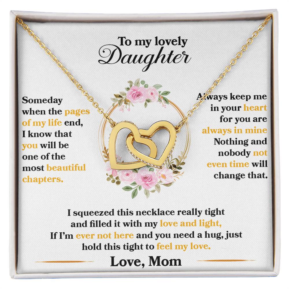 Interlocking Heart Necklace for Daughter – 'Hold This to Feel My Love' CZ Pendant, Rose Gold or Yellow Gold Gift