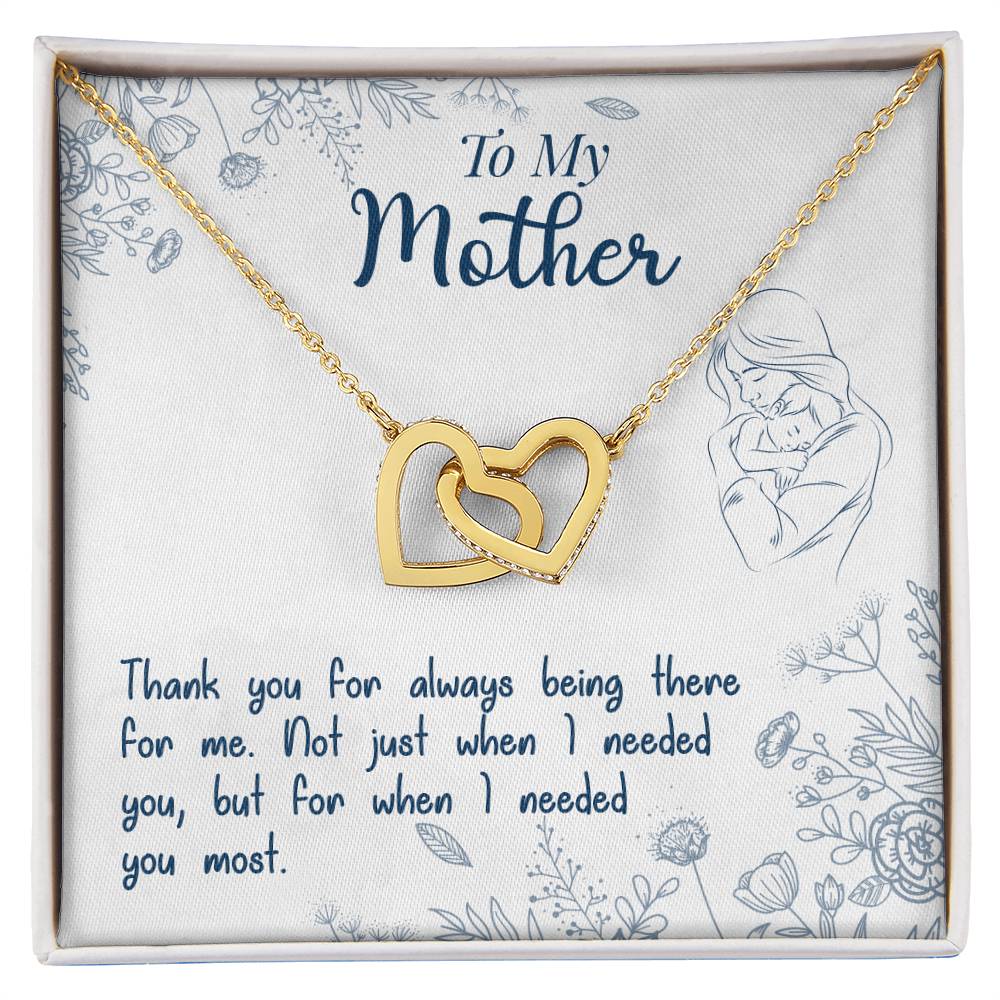 Interlocking Heart Necklace for Mother – 'Thank You For Always Being There' CZ Pendant, Rose Gold or Yellow Gold Gift