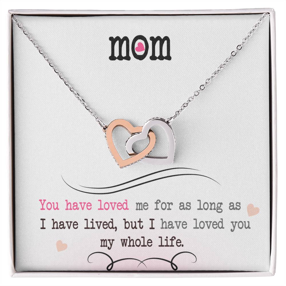 Interlocking Heart Necklace for Mom – 'Loved You My Whole Life' CZ Crystal Pendant, Rose Gold or Yellow Gold Keepsake Gift