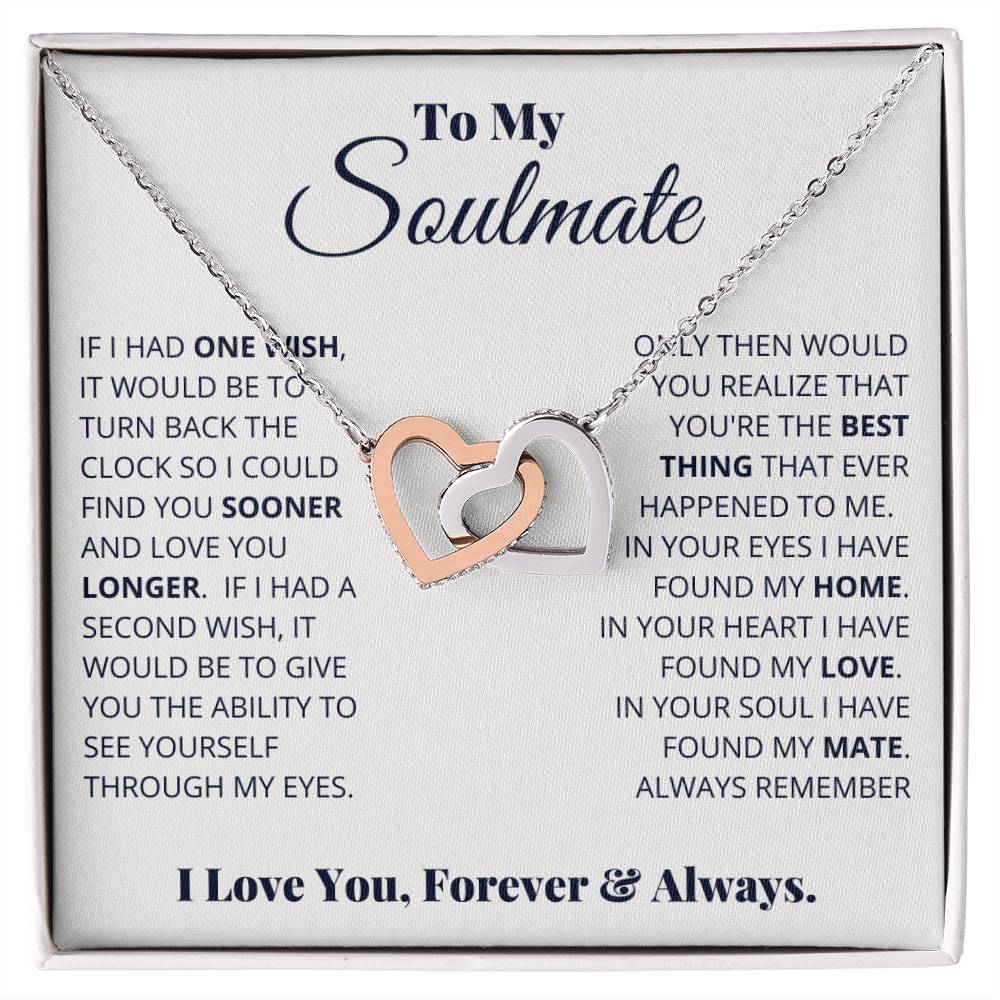 Interlocking Heart Necklace for Soulmate – 'I Love You Forever & Always' CZ Pendant, Rose Gold or Yellow Gold Romantic Gift