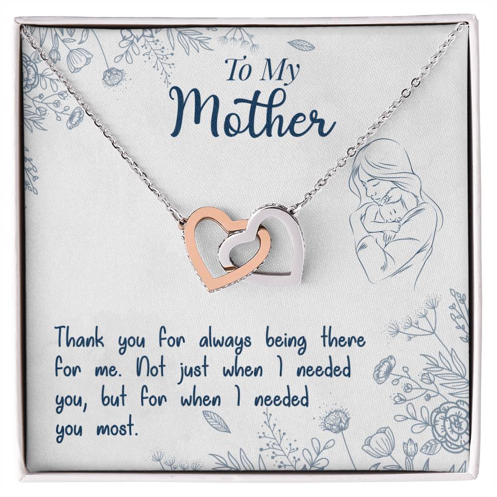 Interlocking Heart Necklace for Mother – 'Thank You For Always Being There' CZ Pendant, Rose Gold or Yellow Gold Gift