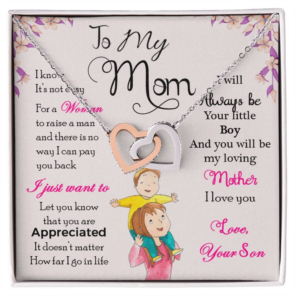 Interlocking Heart Necklace for Mom from Son – 'Always Your Little Boy' CZ Pendant, Rose Gold or Yellow Gold Gift