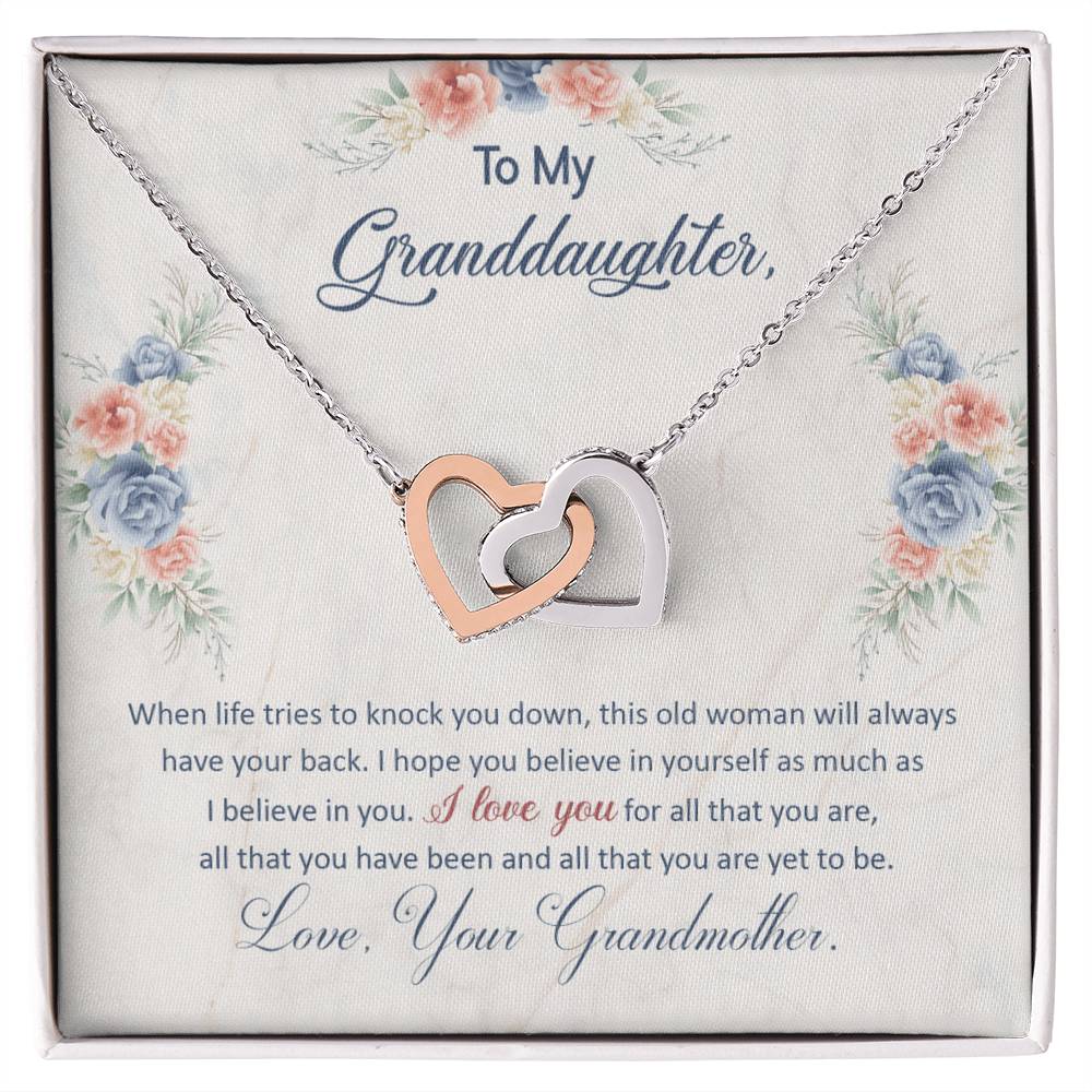 Interlocking Heart Necklace for Granddaughter from Grandma – 'Always Have Your Back' CZ Pendant, Rose Gold or Yellow Gold Gift