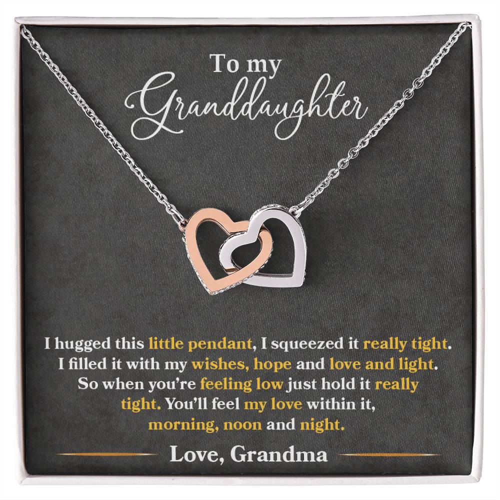Interlocking Heart Necklace for Granddaughter – 'You'll Feel My Love Within This' CZ Pendant, Rose Gold or Yellow Gold Gift