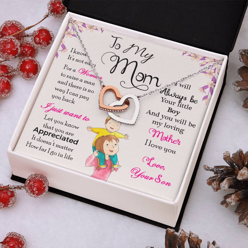 Interlocking Heart Necklace for Mom from Son – 'Always Your Little Boy' CZ Pendant, Rose Gold or Yellow Gold Gift