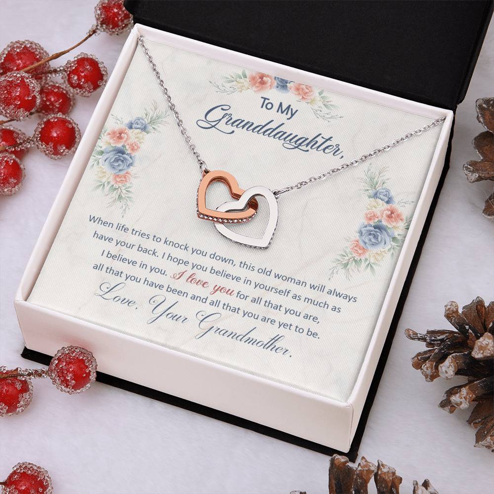 Interlocking Heart Necklace for Granddaughter from Grandma – 'Always Have Your Back' CZ Pendant, Rose Gold or Yellow Gold Gift