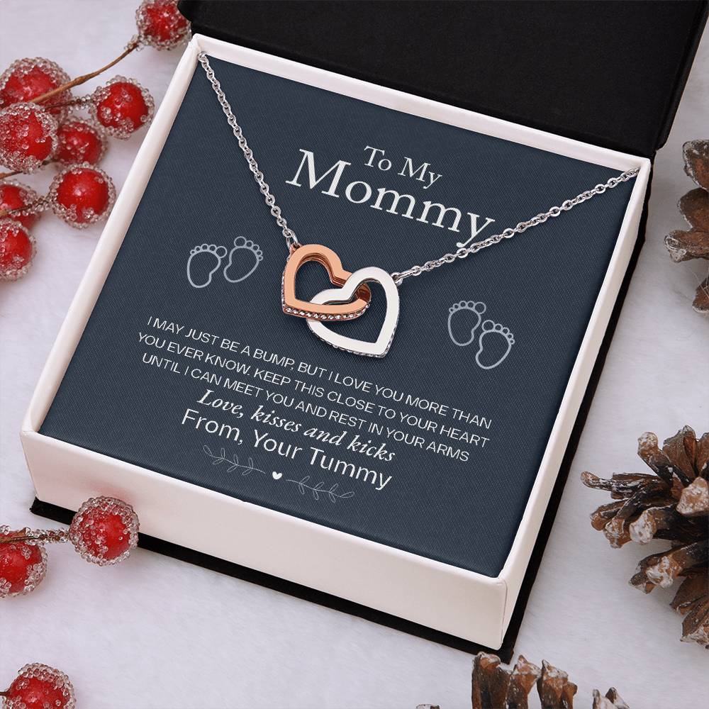 Interlocking Heart Necklace for New Mom – CZ Pendant Baby Shower Gift, Rose Gold or Yellow Gold