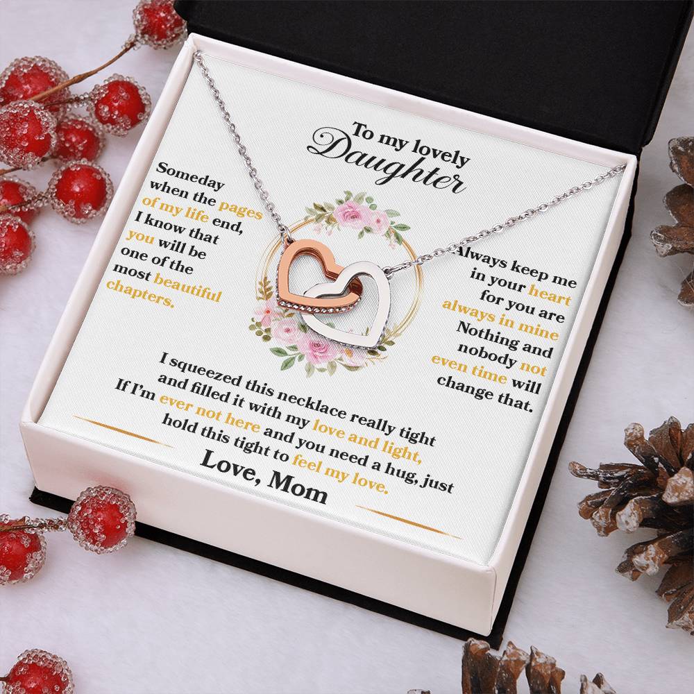 Interlocking Heart Necklace for Daughter – 'Hold This to Feel My Love' CZ Pendant, Rose Gold or Yellow Gold Gift