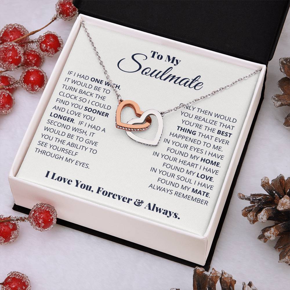 Interlocking Heart Necklace for Soulmate – 'I Love You Forever & Always' CZ Pendant, Rose Gold or Yellow Gold Romantic Gift