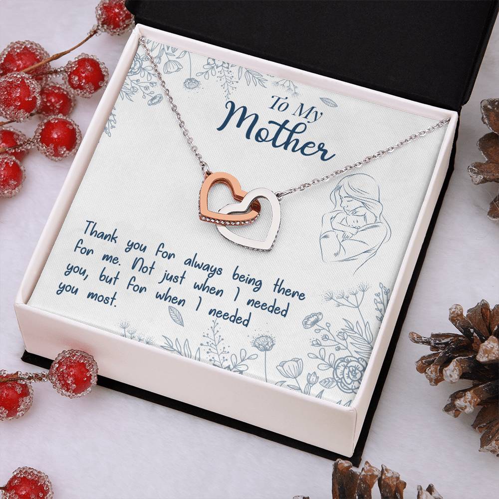 Interlocking Heart Necklace for Mother – 'Thank You For Always Being There' CZ Pendant, Rose Gold or Yellow Gold Gift