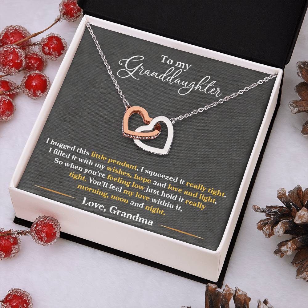 Interlocking Heart Necklace for Granddaughter – 'You'll Feel My Love Within This' CZ Pendant, Rose Gold or Yellow Gold Gift