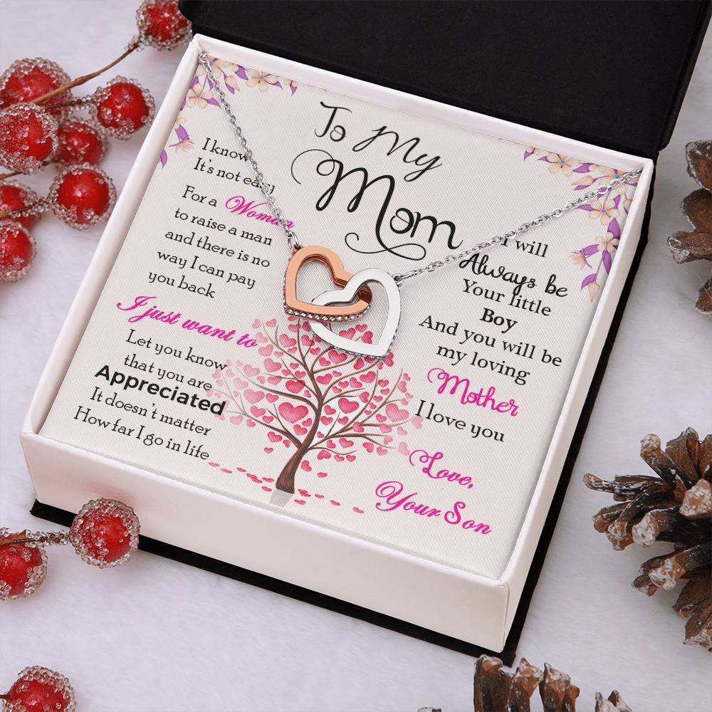 Interlocking Heart Necklace for Mom – 'I Know It's Not Easy' CZ Crystal Pendant, Rose Gold or Yellow Gold Appreciation Gift