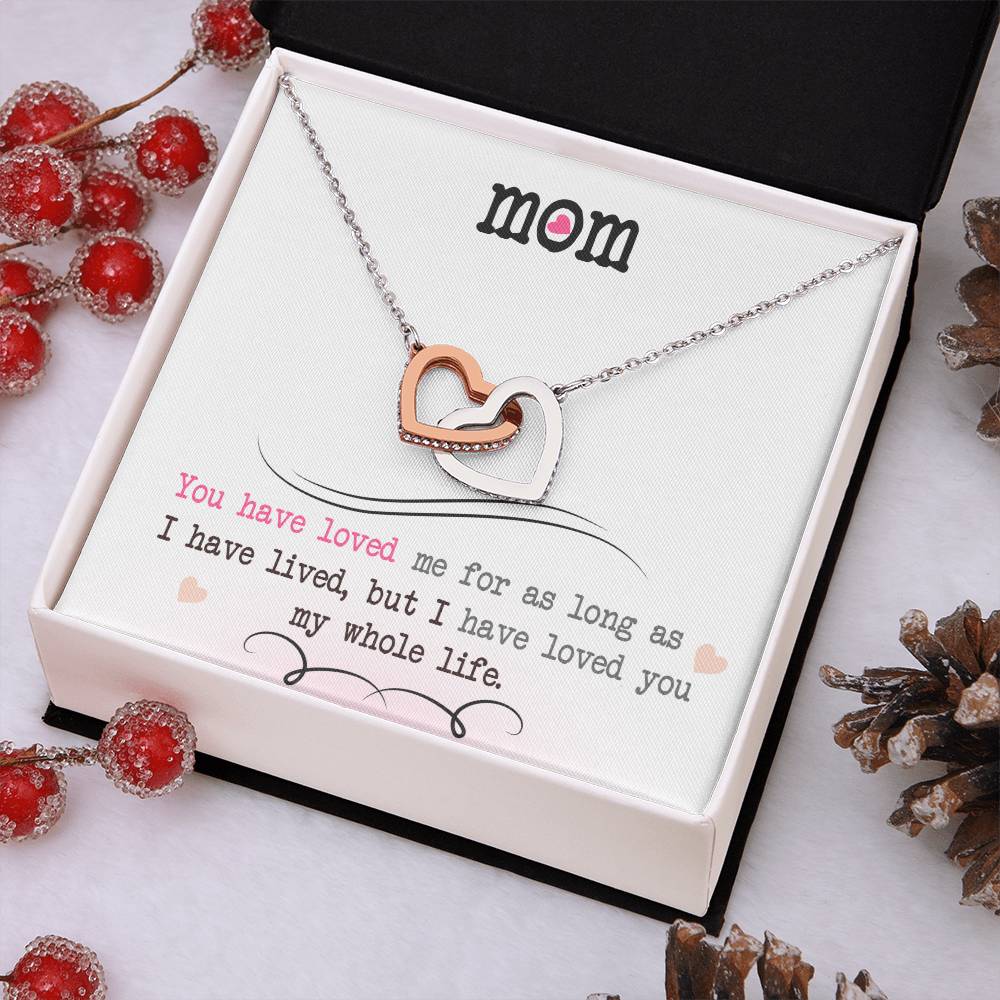 Interlocking Heart Necklace for Mom – 'Loved You My Whole Life' CZ Crystal Pendant, Rose Gold or Yellow Gold Keepsake Gift