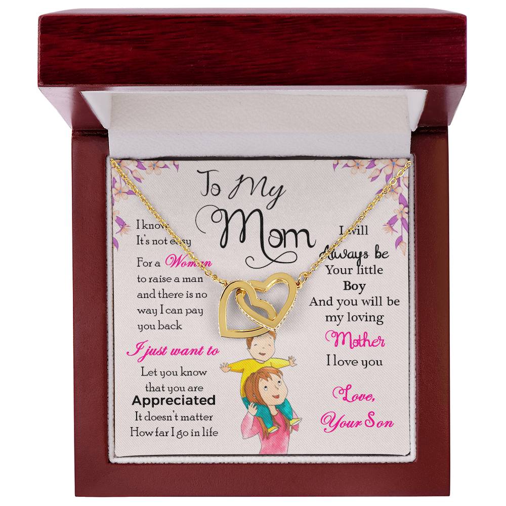Interlocking Heart Necklace for Mom from Son – 'Always Your Little Boy' CZ Pendant, Rose Gold or Yellow Gold Gift