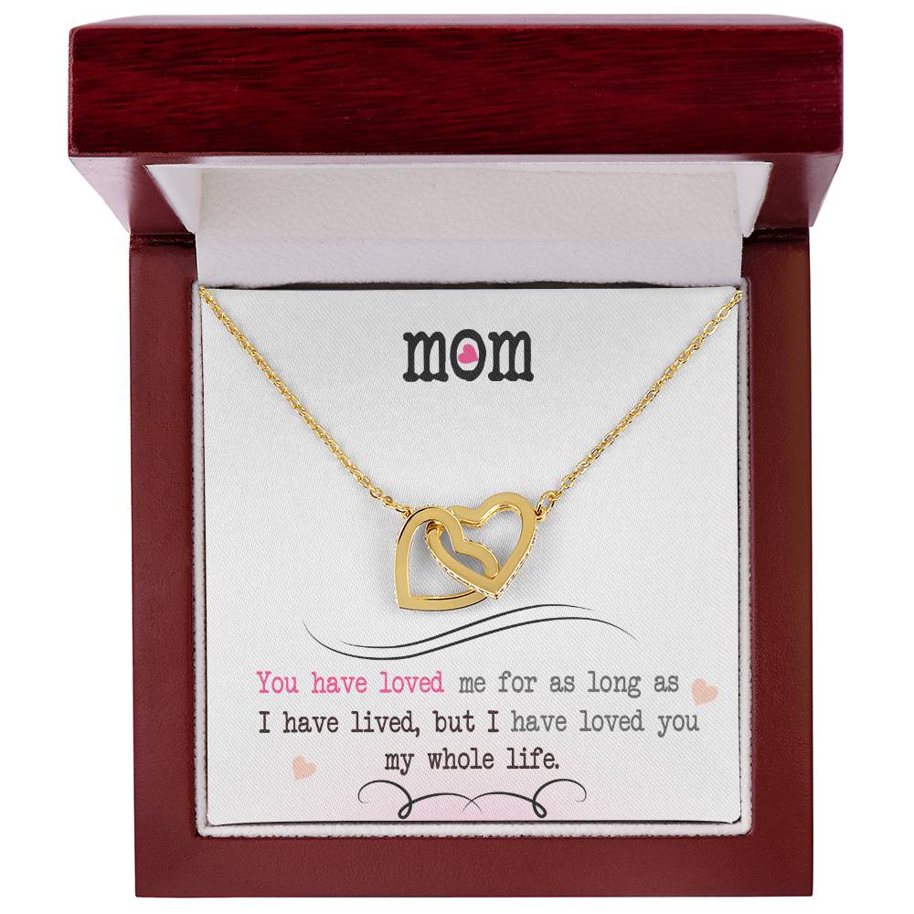 Interlocking Heart Necklace for Mom – 'Loved You My Whole Life' CZ Crystal Pendant, Rose Gold or Yellow Gold Keepsake Gift