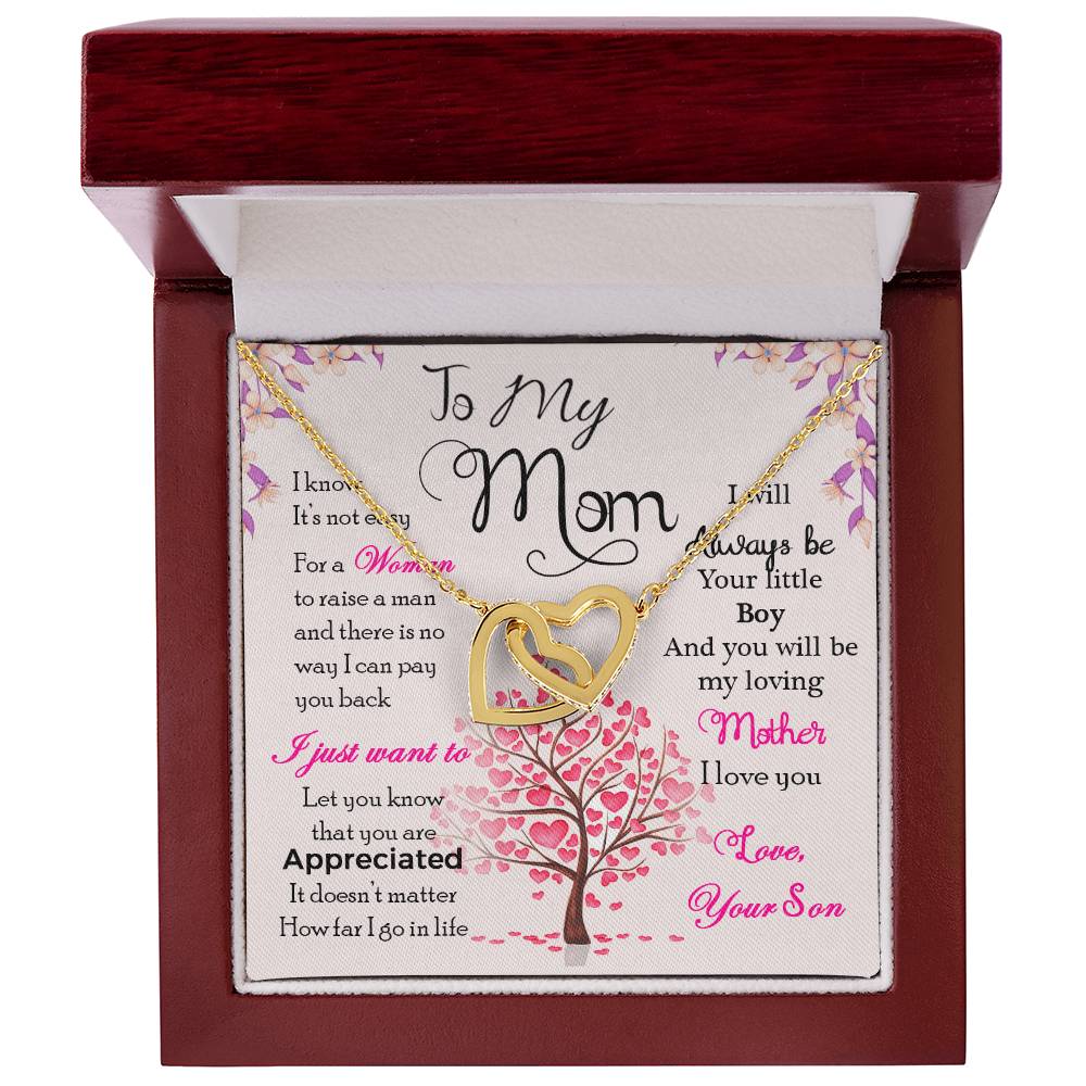 Interlocking Heart Necklace for Mom – 'I Know It's Not Easy' CZ Crystal Pendant, Rose Gold or Yellow Gold Appreciation Gift