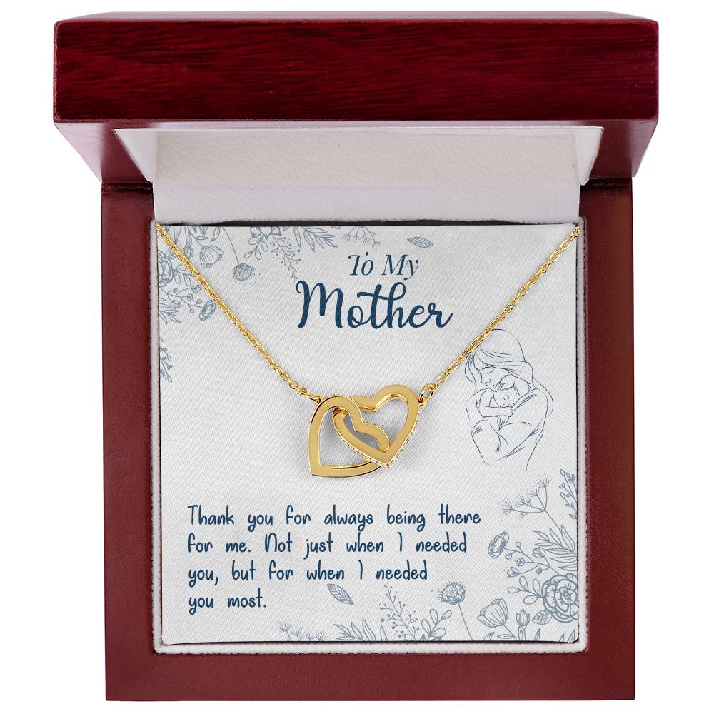 Interlocking Heart Necklace for Mother – 'Thank You For Always Being There' CZ Pendant, Rose Gold or Yellow Gold Gift